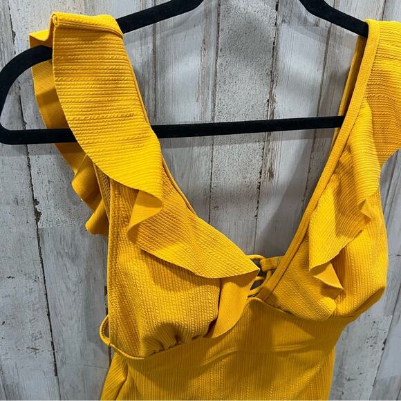 Yellow Ruffle Ribbed One Piece Deep V Swim Bathing Suit - Picture 2 of 5